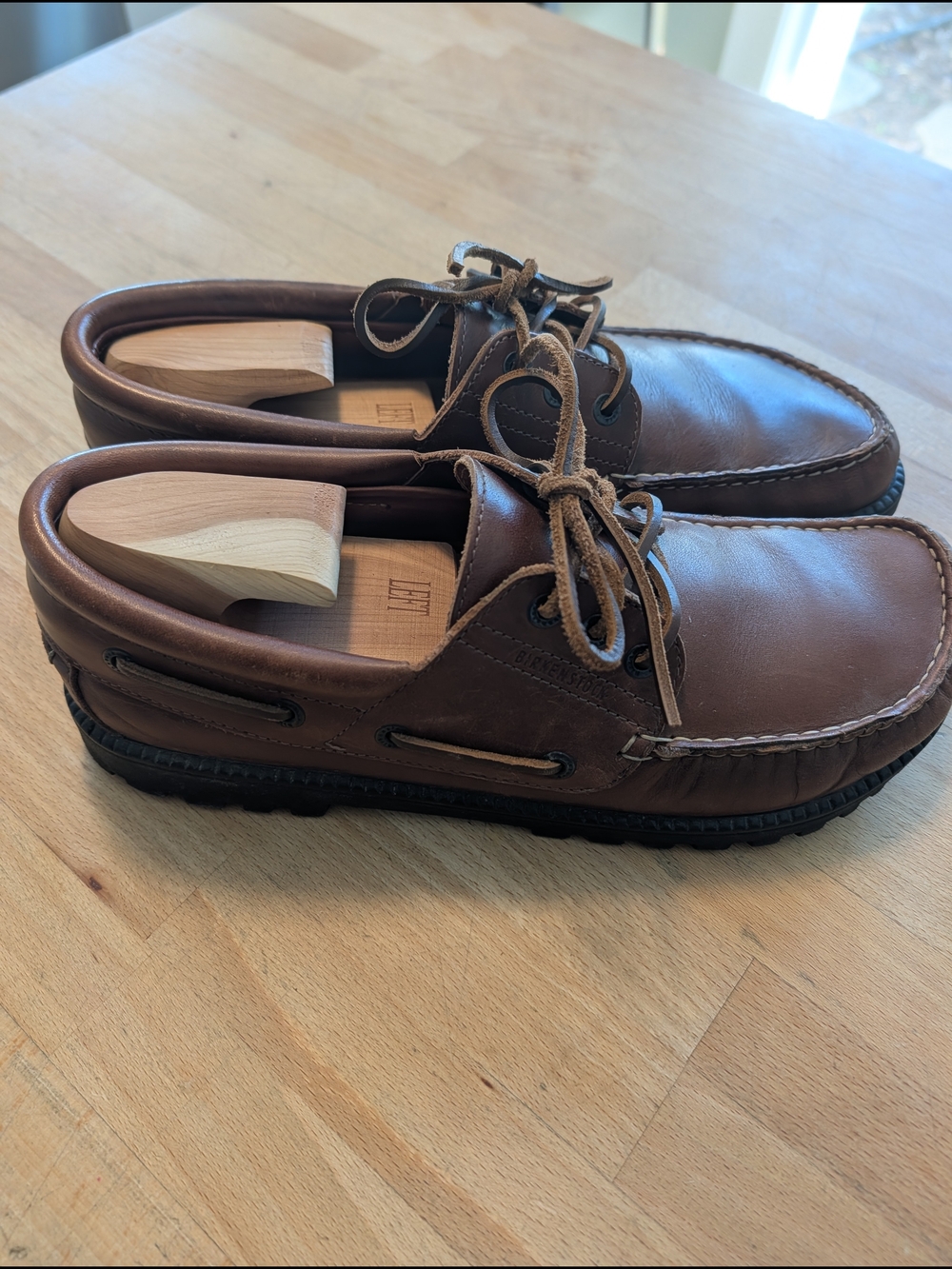 Birkenstock Men's Brown Leather Boat Shoes with Black Sole